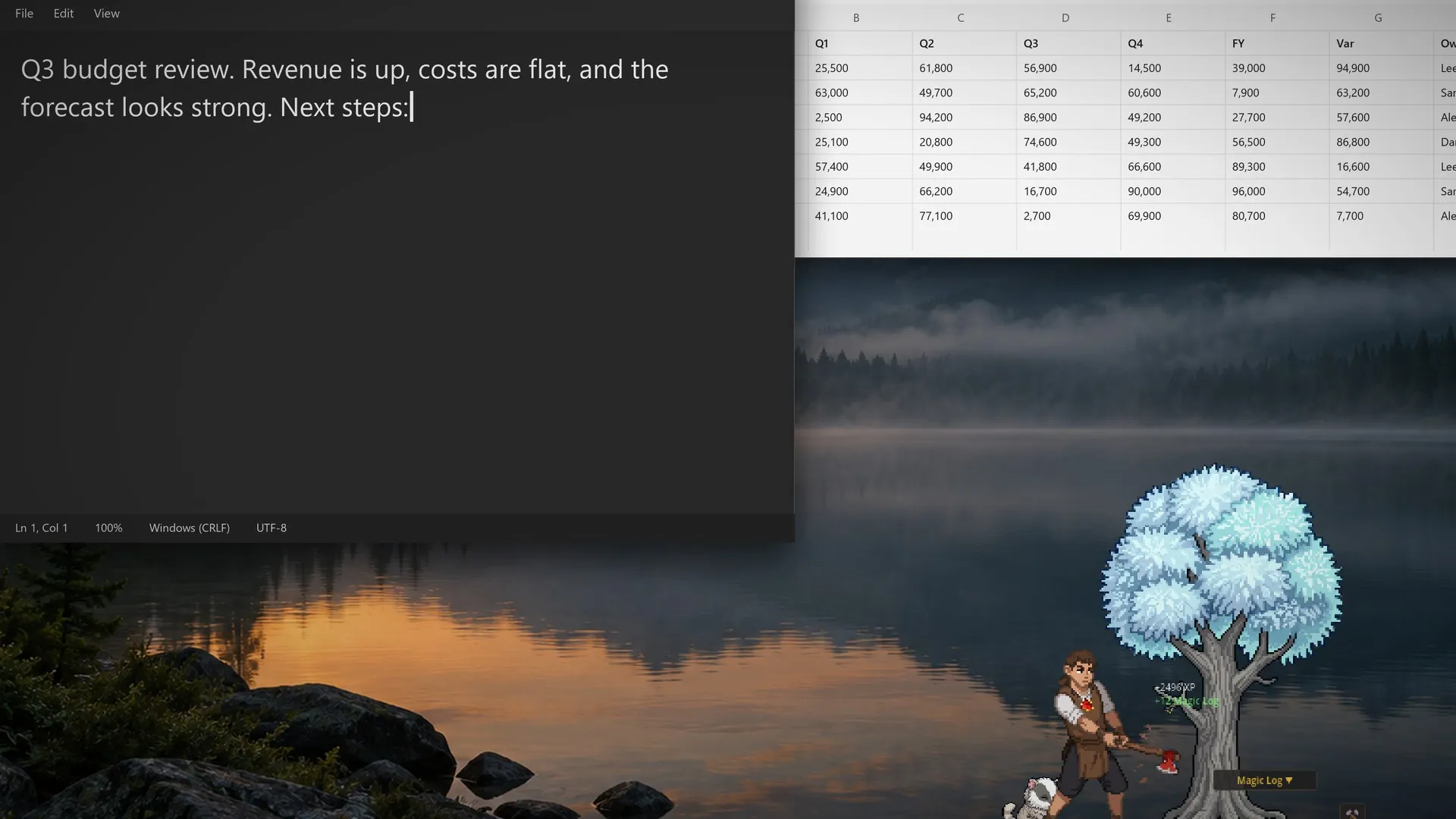 Chopping a magic tree on the taskbar while a report and a spreadsheet stay open