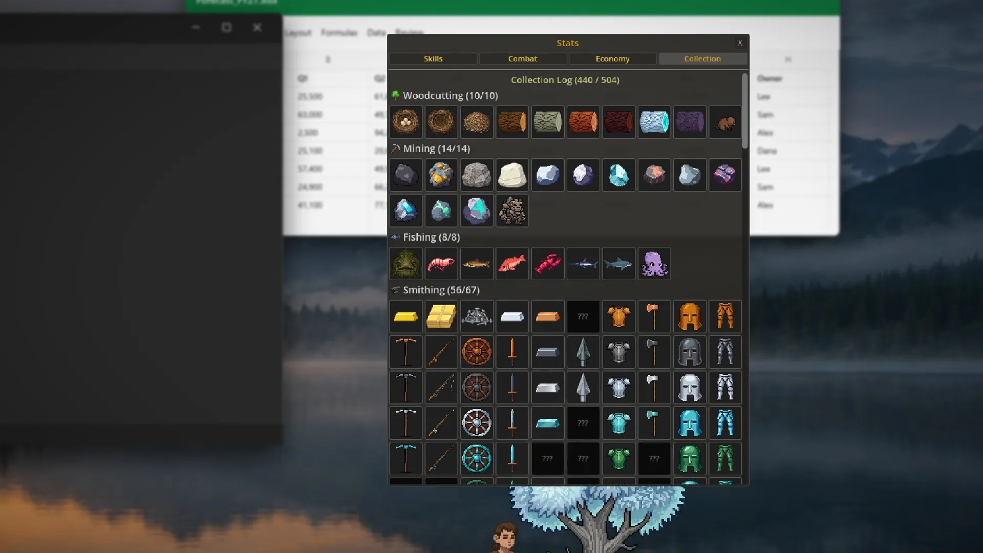 The collection log, open over a spreadsheet