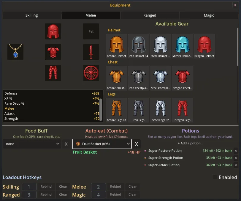 The rebuilt equipment panel, with food, auto-eat, and a live potion stack side by side