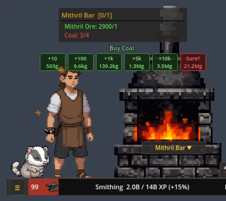 The buy row under the Smithing recipe box, offering coal in amounts from 10 to 10k, with the biggest asking Sure?