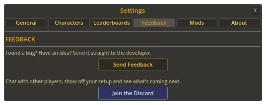 The Feedback tab in Settings, with the Join the Discord button under Send Feedback