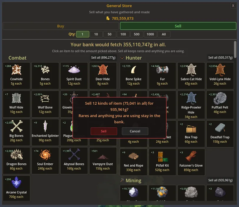The Sell tab with a Sell all confirmation open over the Hunter section