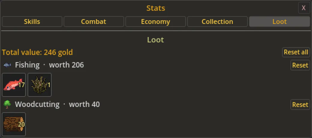 The new Loot tab in Stats, with what Fishing and Woodcutting have given and what it’s worth