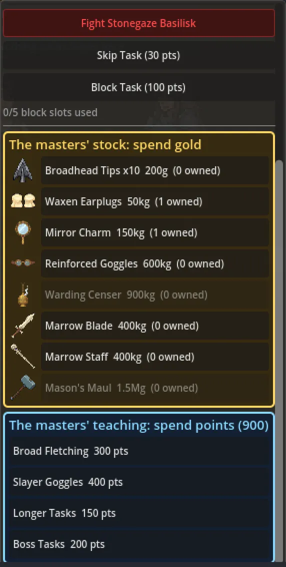 The Slayer console: the masters’ gold stock, and the masters’ teaching under it with the four point unlocks