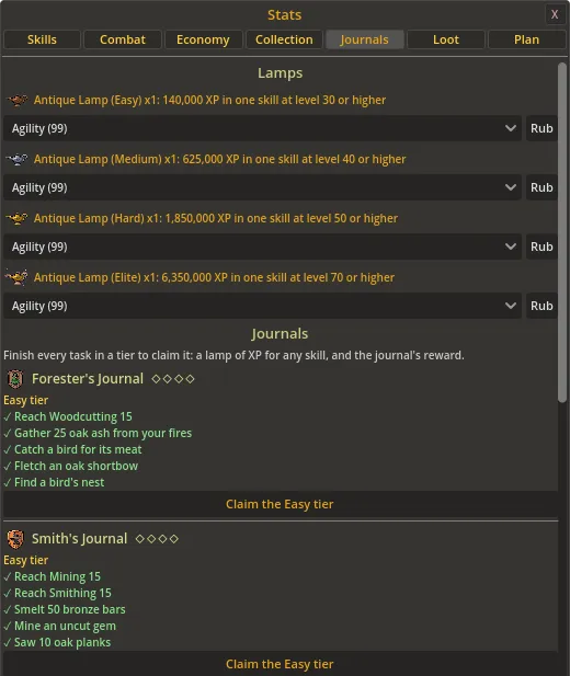 The Journals tab in Stats: the four antique lamps, and the Forester’s and Smith’s journals with their Easy tiers ticked off