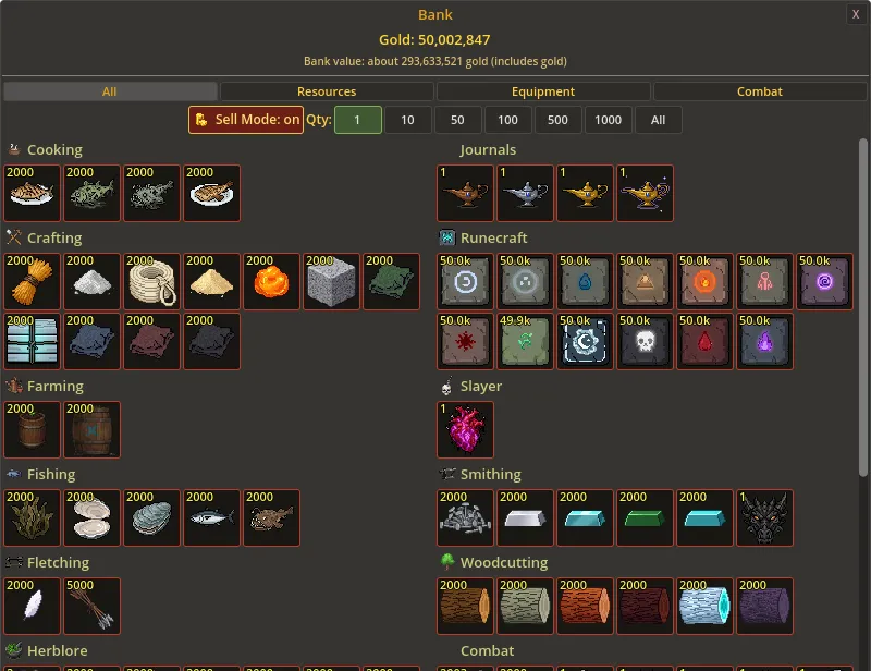 The bank with its total value under the gold, and Sell Mode switched on