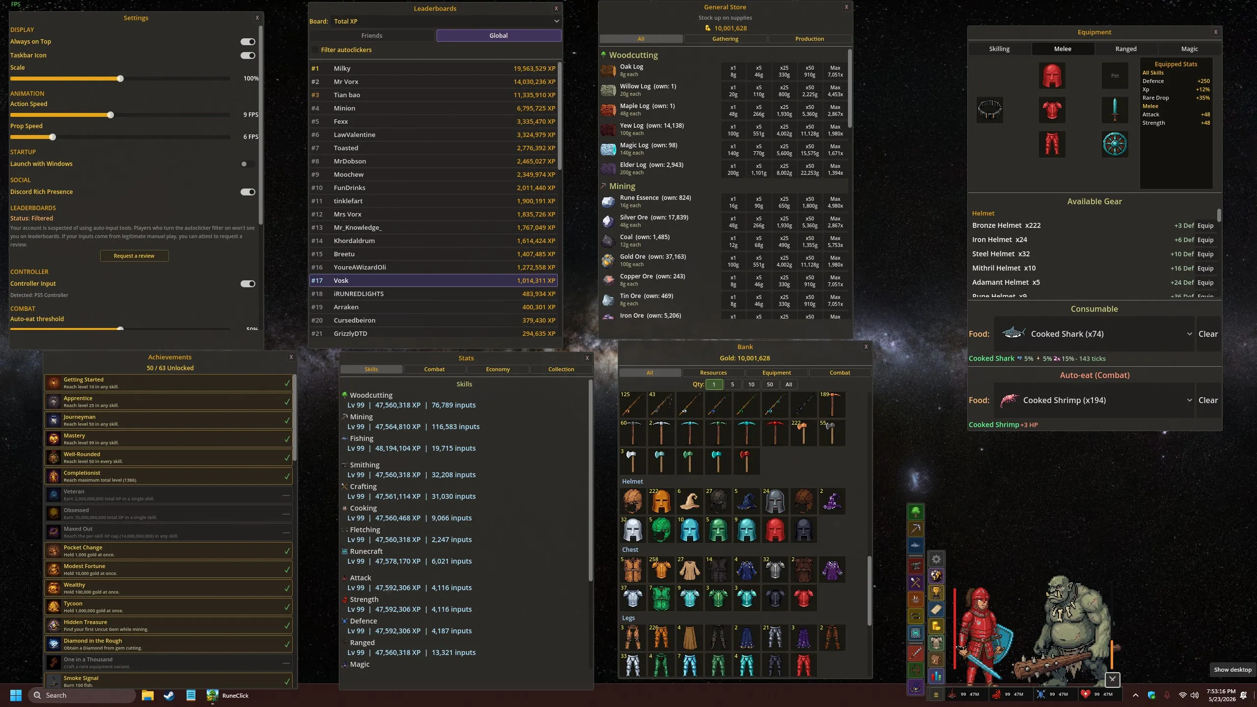 RuneClick's skilling, combat, bank and stats windows open over the desktop