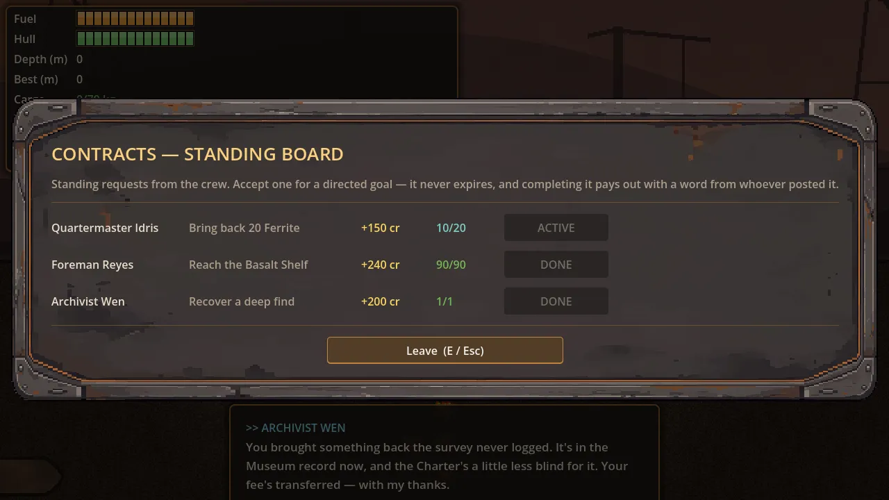 The standing contracts board, with one contract active and two complete