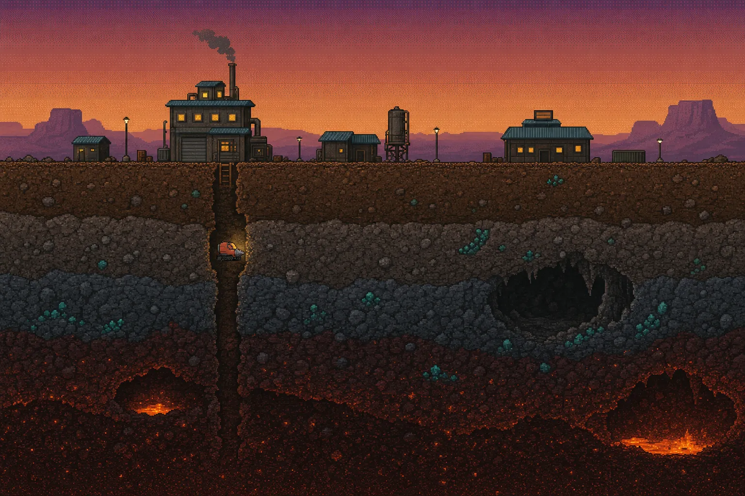 Understrata key art: a mining outpost at dusk, with tunnels, caverns, and molten rock cutting away below the surface
