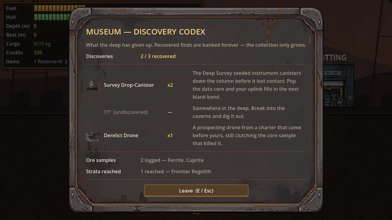The museum’s discovery codex panel, with one find still undiscovered