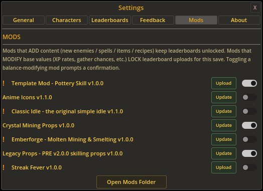 The Mods tab in Settings: a list of mods, each with an Upload or Update button and an on/off switch, and an Open Mods Folder button