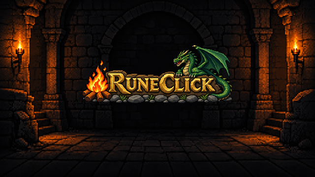 RuneClick desktop wallpaper: the logo in the torchlit stone hall