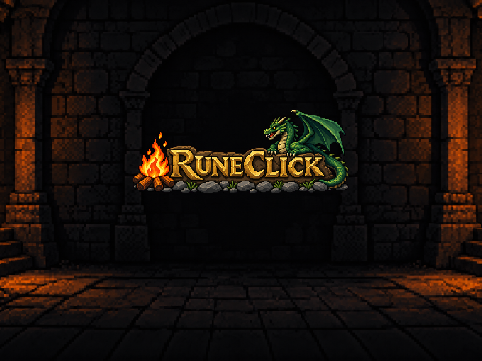 RuneClick tablet wallpaper: the logo in the torchlit stone hall